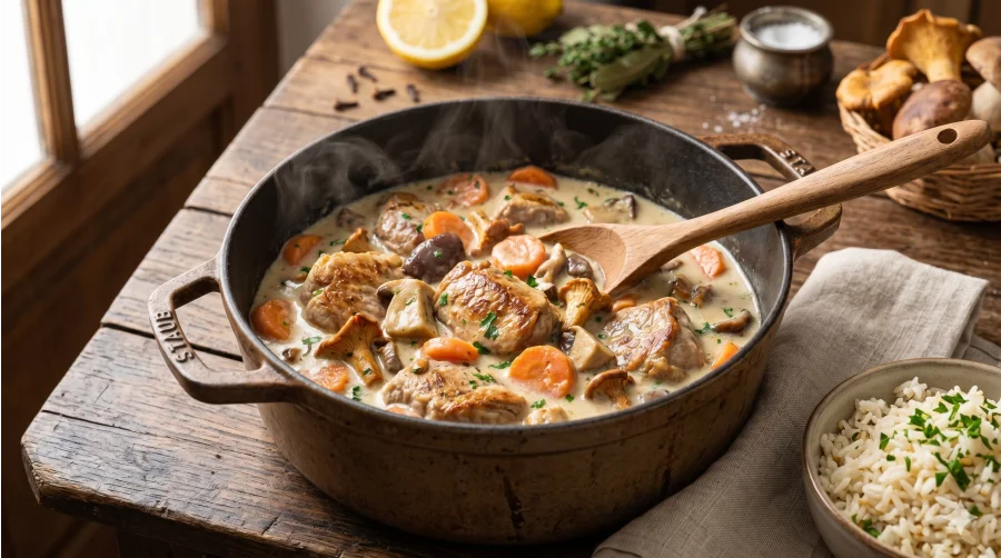 hoto réaliste d'une blanquette de veau bio traditionnelle mijotée 2 heures dans une cocotte en fonte rustique avec des carottes et des cèpes du Limousin. Servie sur une table en bois à côté d'un bol de riz. Viande de veau bio en vente directe Bergerie d'Aurélien à Chaveroche (Corrèze, 19).