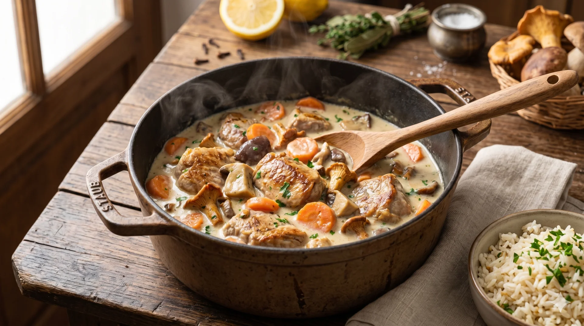 hoto réaliste d'une blanquette de veau bio traditionnelle mijotée 2 heures dans une cocotte en fonte rustique avec des carottes et des cèpes du Limousin. Servie sur une table en bois à côté d'un bol de riz. Viande de veau bio en vente directe Bergerie d'Aurélien à Chaveroche (Corrèze, 19).
