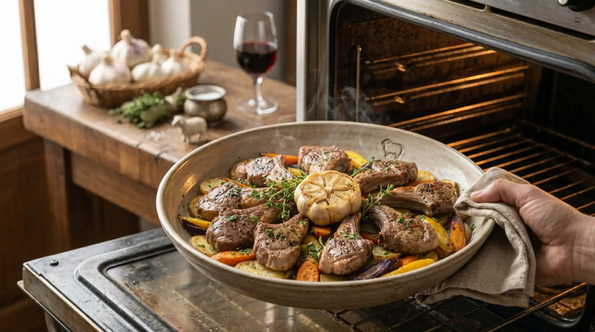 Alt-Text : Sortie du four d'un plat de côtelettes d'agneau bio de la Bergerie d'Aurélien, accompagnées d'ail en chemise, de pommes de terre et de carottes colorées. Recette de terroir authentique de la ferme à Chaveroche, en Corrèze.