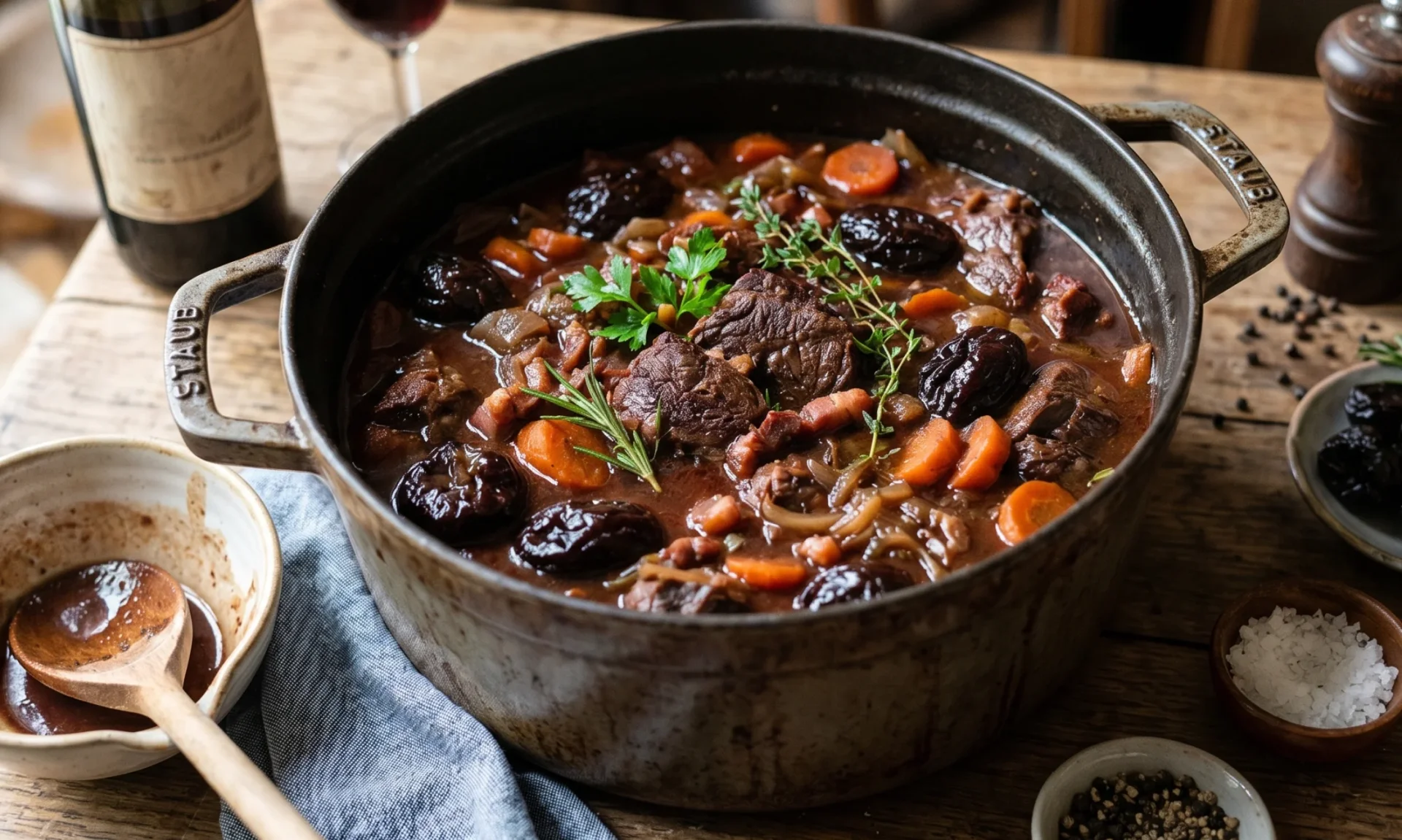 bœuf en daube aux pruneaux mijoté en cocotte, entouré d'ingrédients frais : morceaux de bœuf Limousin bio de Haute-Corrèze, carottes, lardons et aromates. Visuel culinaire pour la recette traditionnelle de la Bergerie d'Aurélien.