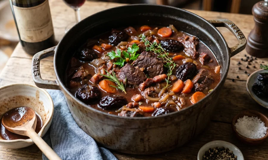 bœuf en daube aux pruneaux mijoté en cocotte, entouré d'ingrédients frais : morceaux de bœuf Limousin bio de Haute-Corrèze, carottes, lardons et aromates. Visuel culinaire pour la recette traditionnelle de la Bergerie d'Aurélien.